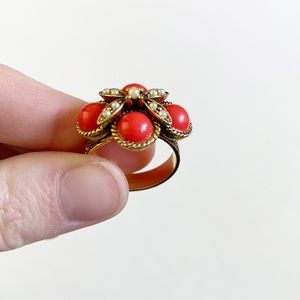 Vintage Orange Red Stone and Pearl Adjustable Ring